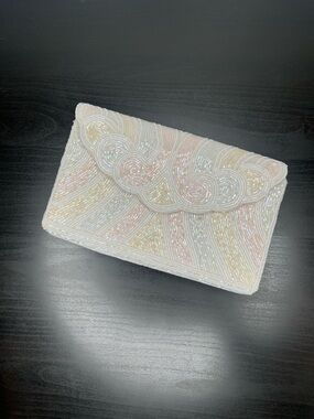 Vintage White Beaded Clutch Handbag Purse Bridal Nordstrom Iridescent Art Deco